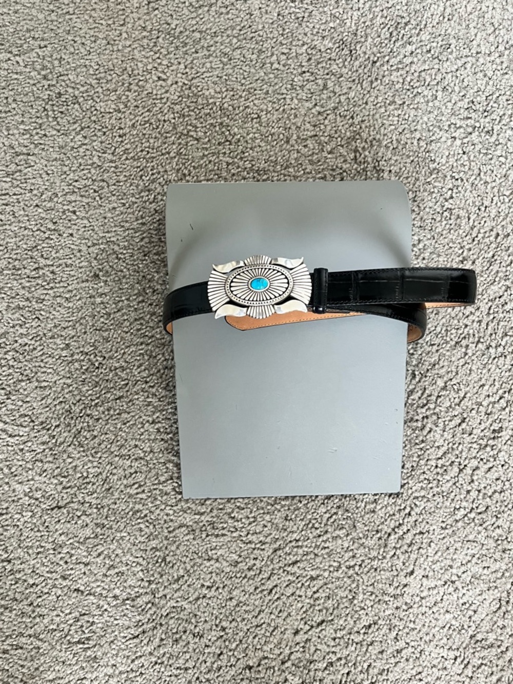 Justin Boots Black Leather Belt with Silver Concho and Turquoise Stone - Picture 2 of 7